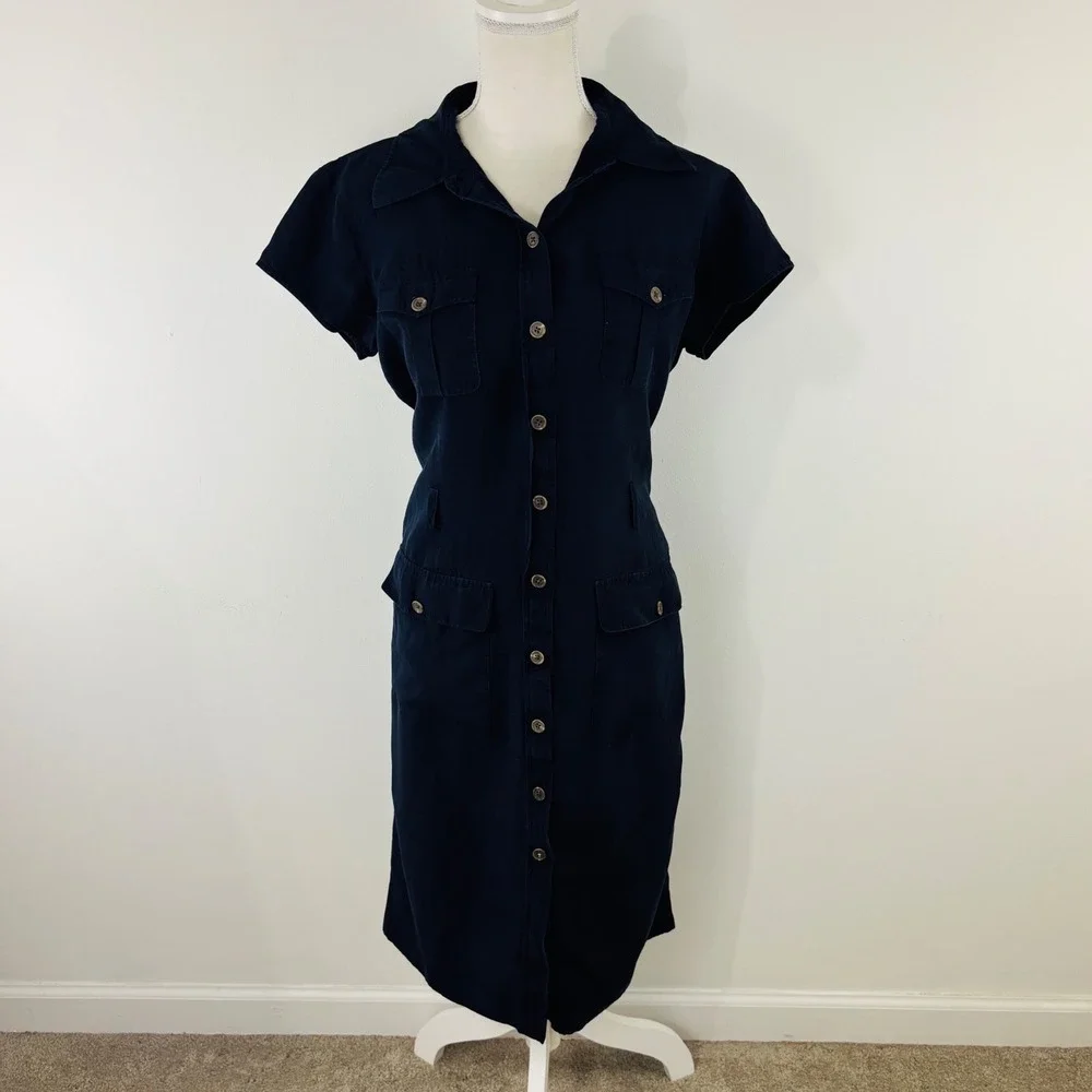 Lauren Ralph Lauren Navy Linen Silk Shirt Dress Belted Utility Midi Dress Sz. 10